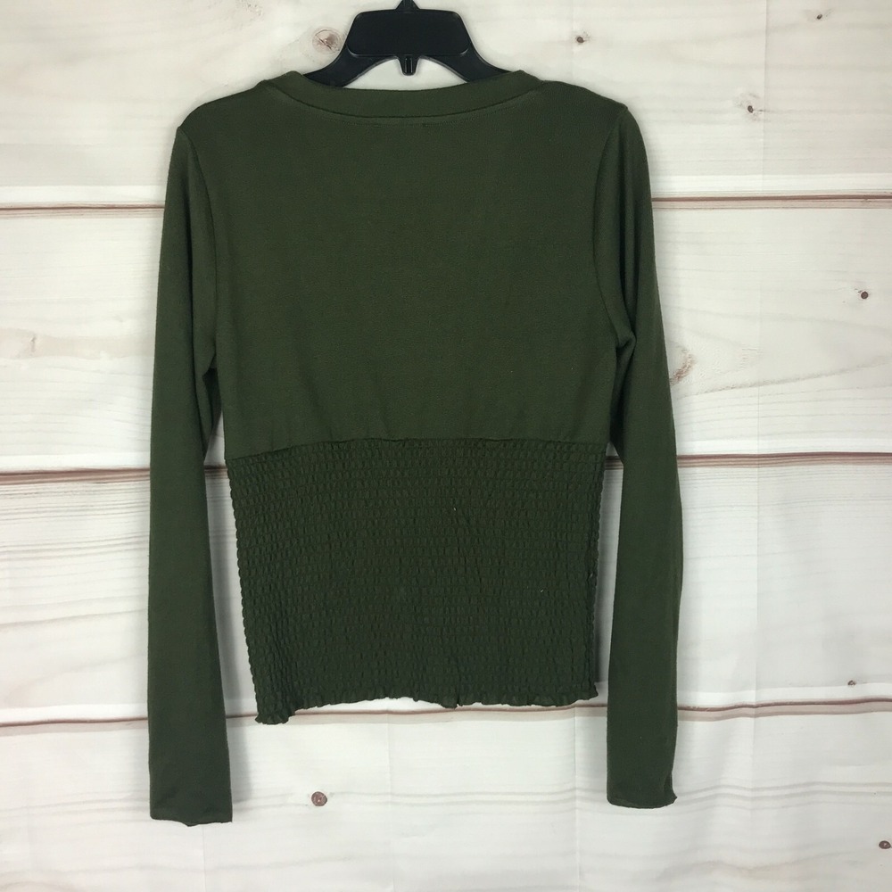 Freshman Top Juniors XL Womens Smocked Long Sleeve V-Neck Green Blouse Pullover - Picture 7 of 8